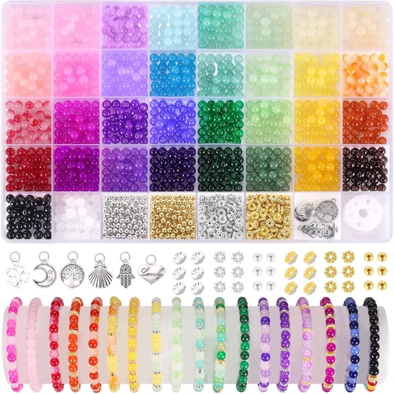 1423pcs 6mm Glass Beads for Bracelets, 34 Colors Crystal Beads for Jewelry Making,  Round Glass Beads for DIY Earrings Necklace Crafts with Spacer Beads and Charms, Solid and Gradient Colors