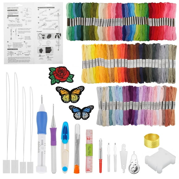 136pcs Embroidery Beginner Set, TSV 100pcs Thread 3pcs Butterfly Flower Patches Embroidery Punch Needle Tool