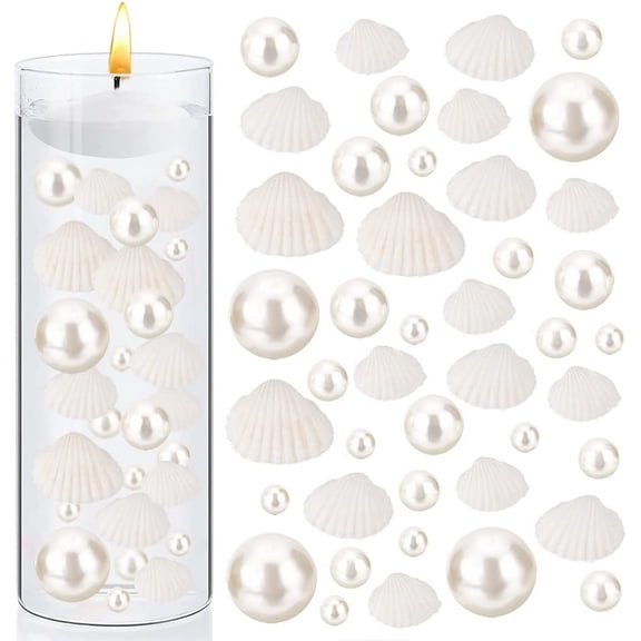 136pcs Ocean Theme Vase Fillers Floating Light Beige Pearls with Natural Shell for Makeup Brushes Holder Wedding Party Decor 1set
