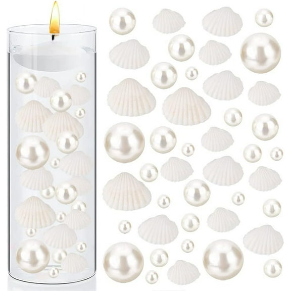 136pcs Ocean Theme Vase Fillers Floating Light Beige Pearls with Natural Shell for Makeup Brushes Holder Wedding Party Decor DIY