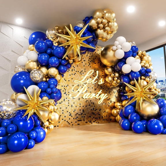 136pcs Royal Blue and Gold Balloons Arch Garland Kit with Star Foil Balloons, 5 10 12 18 inch Navy Blue White and Gold Balloon for Anniversary Wedding New Year Birthday Party Decorations