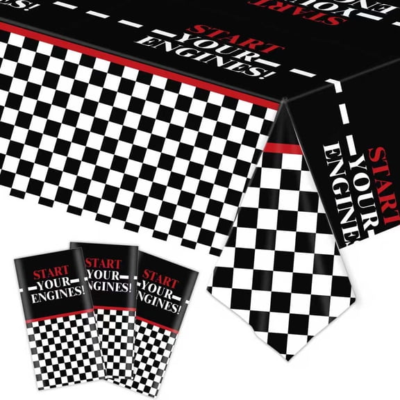 137*274cm/54*108inch Racing Car Themed Tablecloth 3pc,Black And White Checkered Tablecloth, Racetrack Disposable Plastic Table Covers,Race Car Theme Birthday Supplies, Baby Shower Decorations