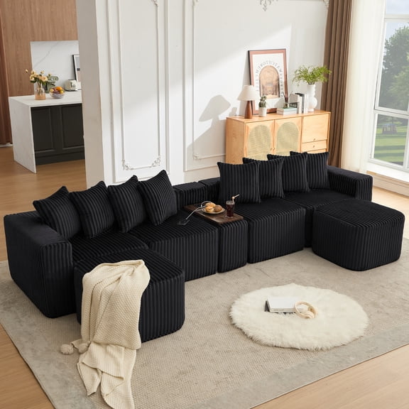 137.5" U-Shaped Modular Sectional Sofa, Cloud Style Couch with Wireless & USB Charging and 2 Ottomans, Black