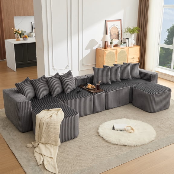 137.5" U-Shaped Modular Sectional Sofa, Cloud Style Couch with Wireless & USB Charging and 2 Ottomans, Gray
