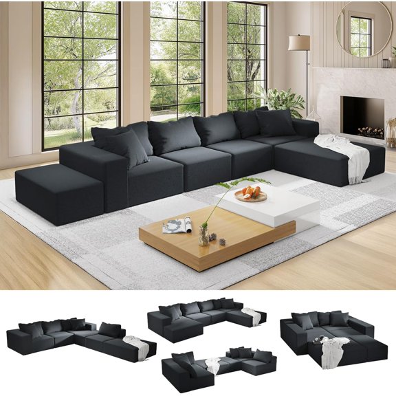 137.8 Sectional Couches for Living Room, Set of Cloud Couch, Modular Sectional Sofa, Convertible Sofas Bed, Deep Seat Sofa, U Shaped Cozy Sofa Furniture Set, Corduroy, Black