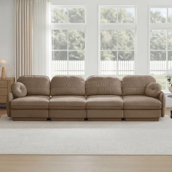 137"Chenille Cloud 4-Seater Sofa, Exquisite Round Pillows and Quilted Back Cushions, Recessed Base Frame Legs, Ergonomic Design Bottom, Easy Assembly, Deep Seat Sofa Couch for Living Room (Coffee)