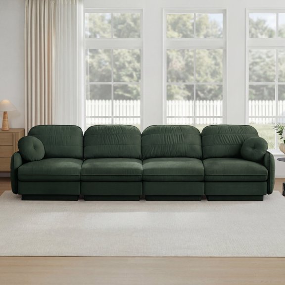 137"Chenille Cloud 4-Seater Sofa, Exquisite Round Pillows and Quilted Back Cushions, Recessed Base Frame Legs, Ergonomic Design Bottom, Easy Assembly, Deep Seat Sofa Couch for Living Room (Green)
