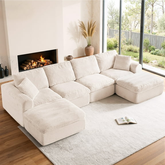 138" Cloud Couch for Living Room, Modular Sectional Sofa with Plush Corduroy Big U Shaped Comfy Upholstered Couches with Deep Seat, No Assembly Required, White