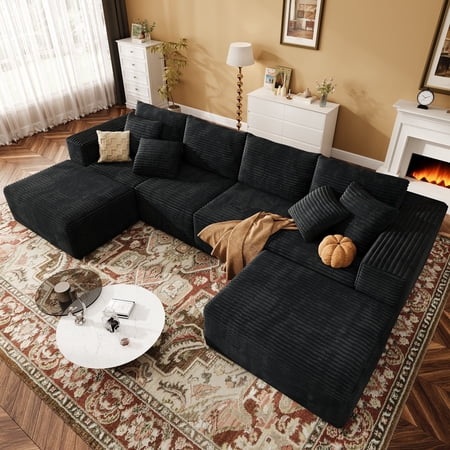 137" U-Shaped Sectional Sofa with Chaise, Modular Cloud Sectional Couch with Deep Seat for Living Room, Modern Boneless Couch with Back Cushion, Pillow, Ottoman, No Assembly Required, Corduroy Fabric