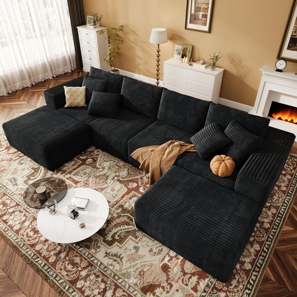 137" U-Shaped Sectional Sofa with Chaise, Modular Cloud Sectional Couch with Deep Seat for Living Room, Modern Boneless Couch with Back Cushion, Pillow, Ottoman, No Assembly Required, Corduroy Fabric