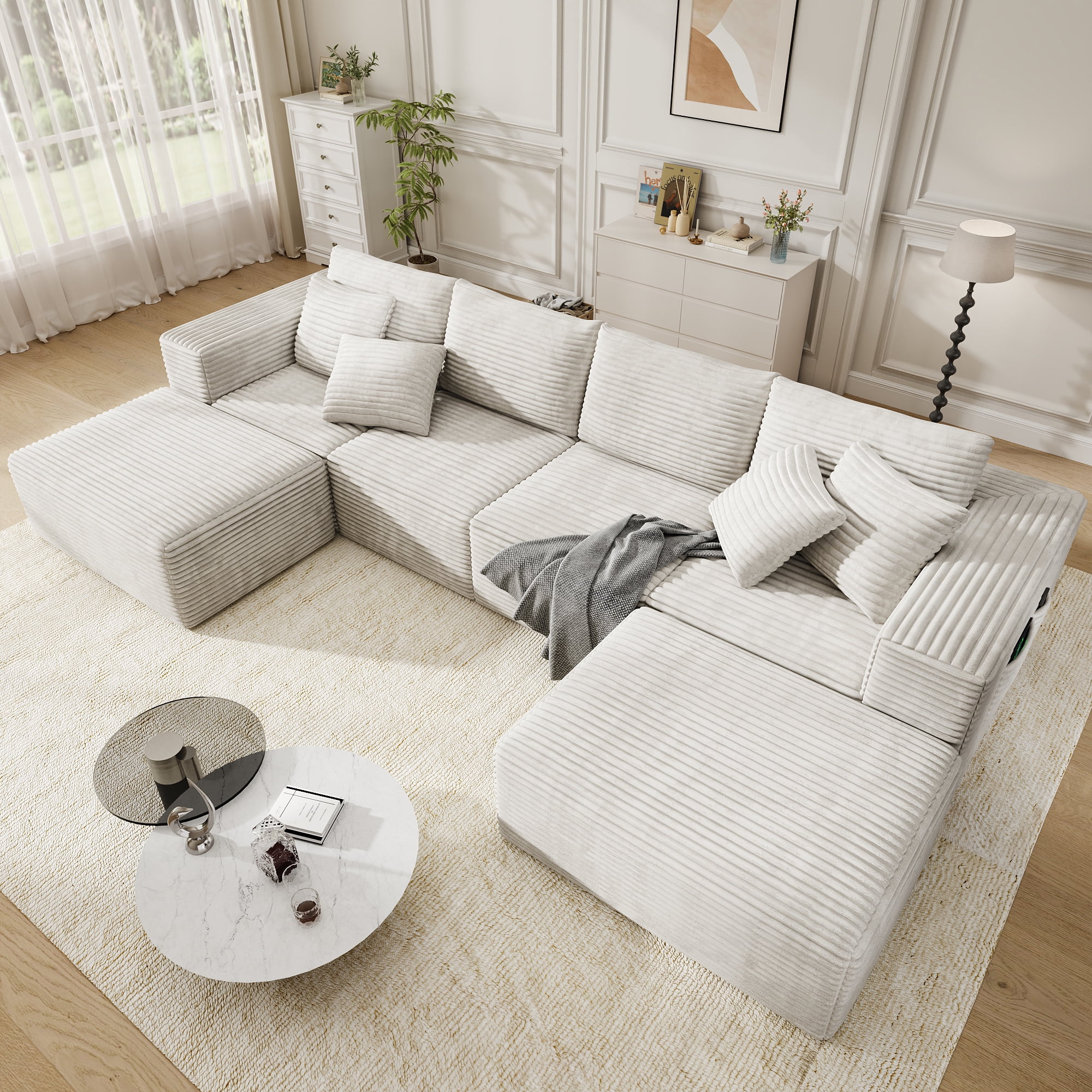 137" U-Shaped Sectional Sofa with Chaise, Modular Cloud Sectional Couch with Deep Seat for Living Room, Modern Boneless Couch with Back Cushion, Pillow, Ottoman, No Assembly Required, Corduroy Fabric