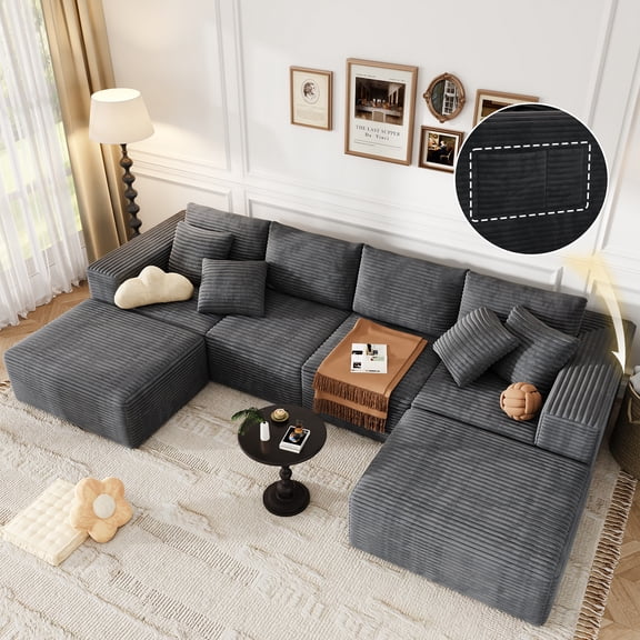 137 Inch Charcoal Cloud Sectional Sofa forf living room , No Sagging Foam U-Shaped Modular Couch, Big Couch Includes 4 Back Cushions & 4 Pillows, No Assembly Required