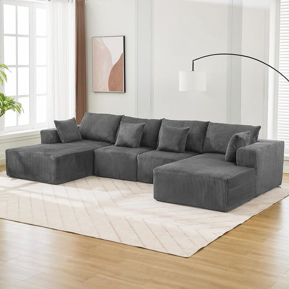 137" Modular Sectional Sofa, Cloud Foam Sectional Couch with U-Shape Chaise/Throw Pillows/Plush Corduroy Fabric, No Assembly Required, Space-Saving, Boneless Compression Sleeper Sofa for Living Room