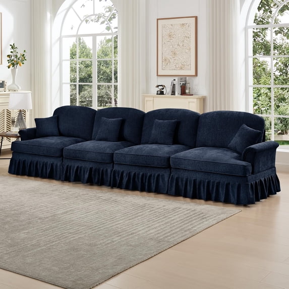 137'' Oversized Modular Sectional Sofa, Traditional Sectional Couches with Detachable Ruffled Skirt, Flared Arms, Spindle Legs, Comfy Chenille Cloud Couch for Living Room(Blue)