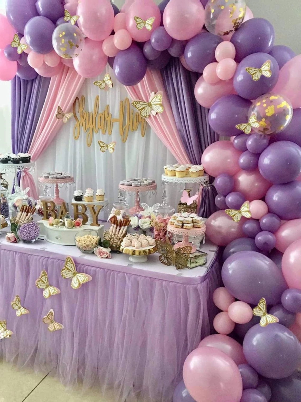 137 Pcs Butterfly Purple Pink Balloon Garland Arch Kit For Baby Shower, Princess Birthday Party Decorations