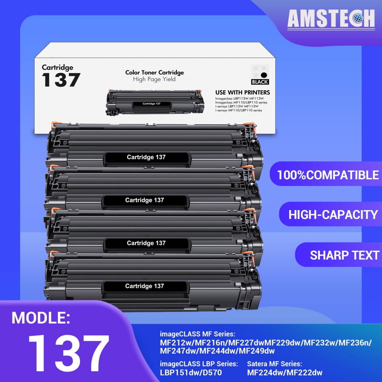 Amstech Compatible for Canon 137 CRG137 Toner Cartridge Black ImageCLASS ImageClass MF232w MF242dw D570 MF236n MF230 MF240 MF247dw MF227dw MF244dw MF232 MF230 Series Printer Ink (4-Pack)