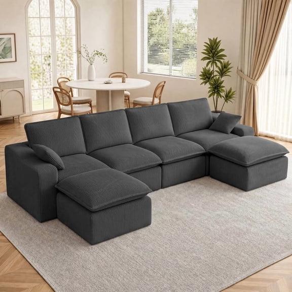 137" U-Shape Modular Sectional Couch Grey Corduroy Boneless Couches for Living Room,6 Seat Cloud Couch,Deep Seat Cushion,Wide Armrests