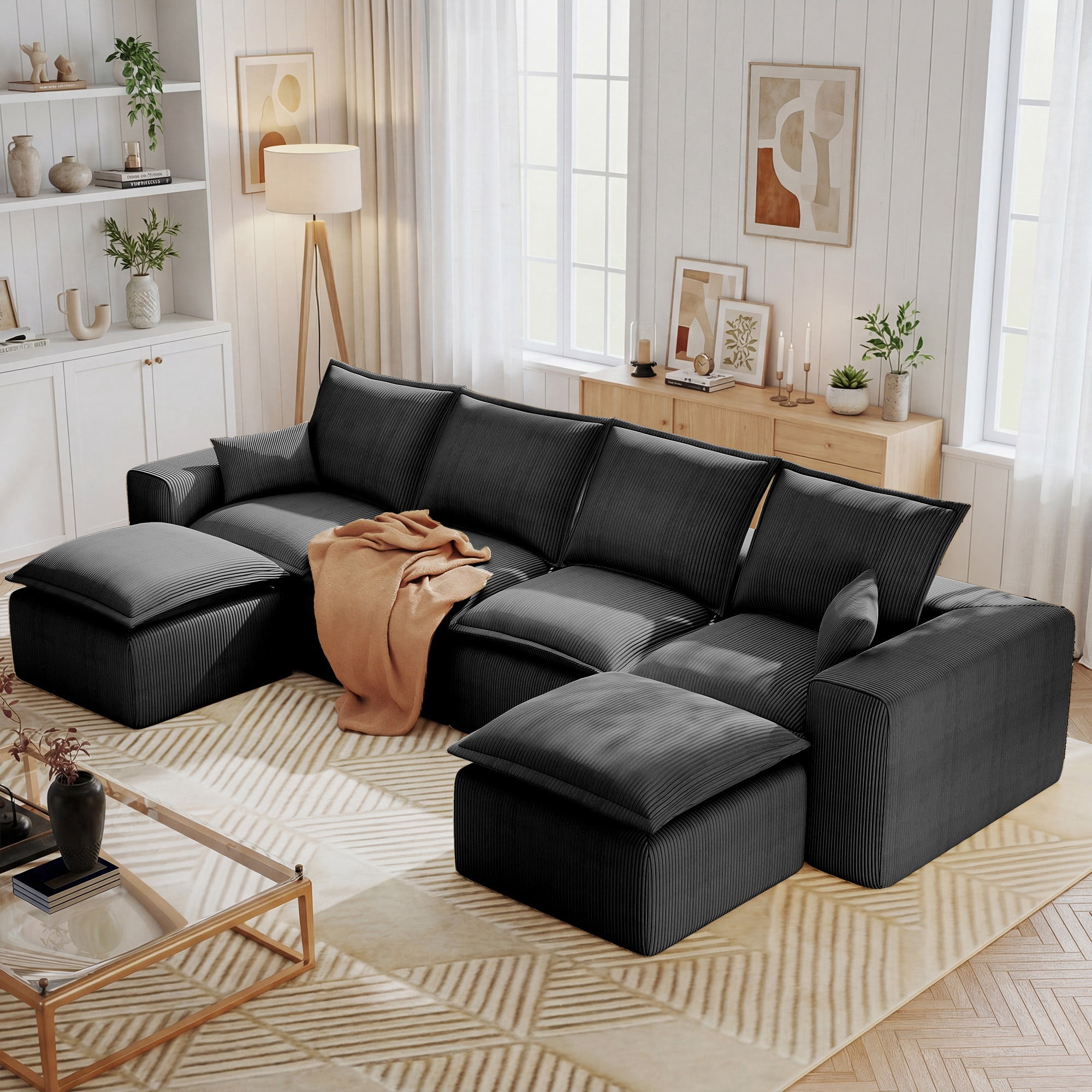 137" U-Shape Modular Sectional Sofa Compressed Foam Cloud Couch with ...