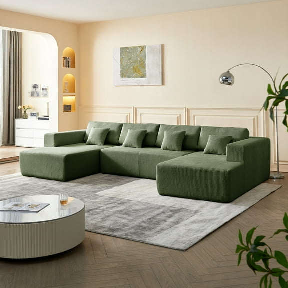 137'' U-Shaped Modular Sectional Sofa with Double Chaise Lounge, Oversized Corduroy Floor Couch, Modern Upholstered No Assembly Sectional for Living Room or Apartment, Green