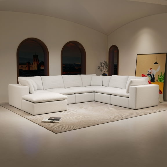 137" U-Shaped Modular Sectional Sofa Seat, Upholstered Oversized 7-Seater Compressed Couch for living room, Bedroom, Apartment, No Assembly Required, White