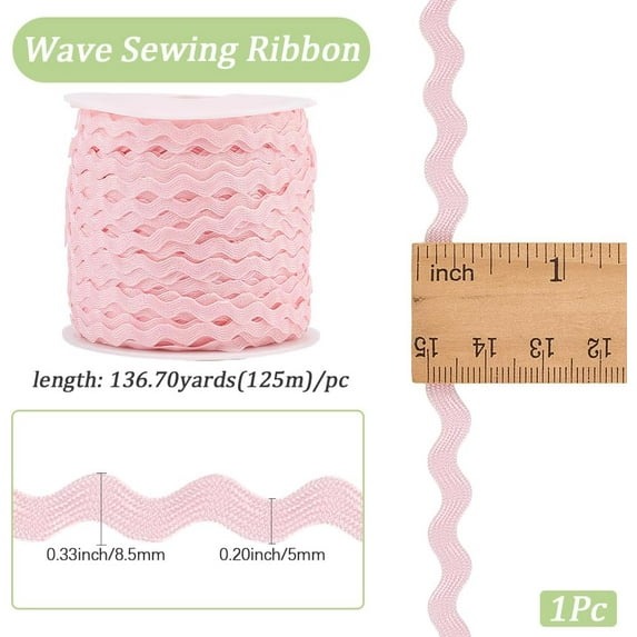 137 Yards Rick Rack Trim for Sewing 3/8 Inch Rac RIC Ribbon Narrow Rickrack Wave Bending Fringe Trim Pearl Pink Zig Zag Polyester S Shaped Lace Woven Fabric with Spool for Crafts
