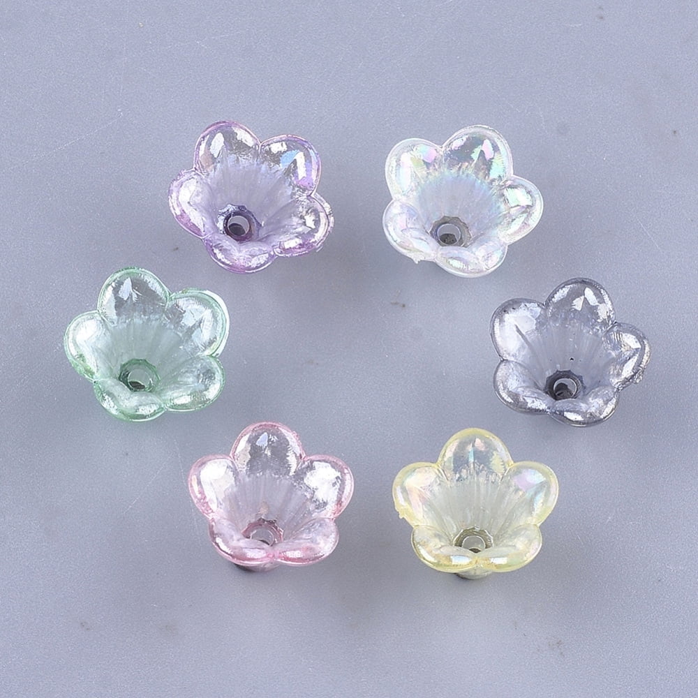1370pcs Transparent Acrylic Bead Caps Trumpet Flower Beads AB Color 5-Petal Flower Mixed Color 10x14x13.5mm Hole: 1.6mm