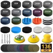 136PCS 2 Inch Sanding & Polishing System, Headlight Restoration Kit, 60-10000 Grit with Hook & Loop Sandpaper, Wool & Sponge Pads, Drill Attachments for Car Wood Metal Resin Glass