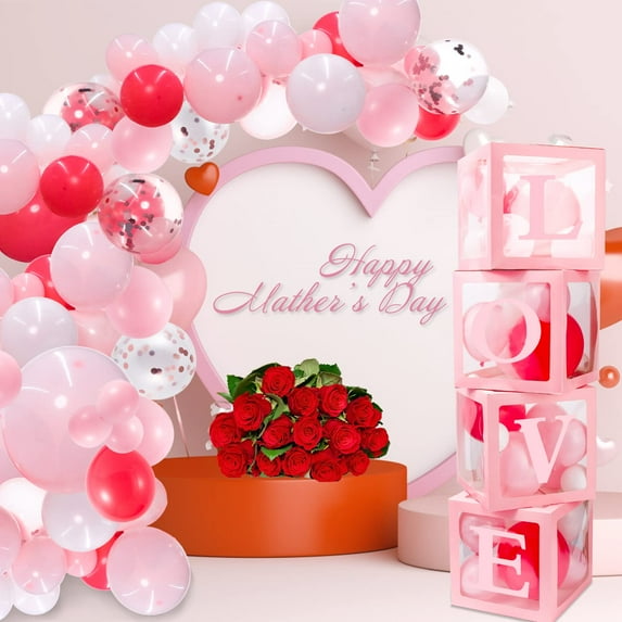 137PCS Mother's Day Balloons Boxes Decorations, Pink and Red Balloon Arch Garland Kit 4pcs "Love" Boxes with Letters for Anniversary Wedding Engagement Party Supplies