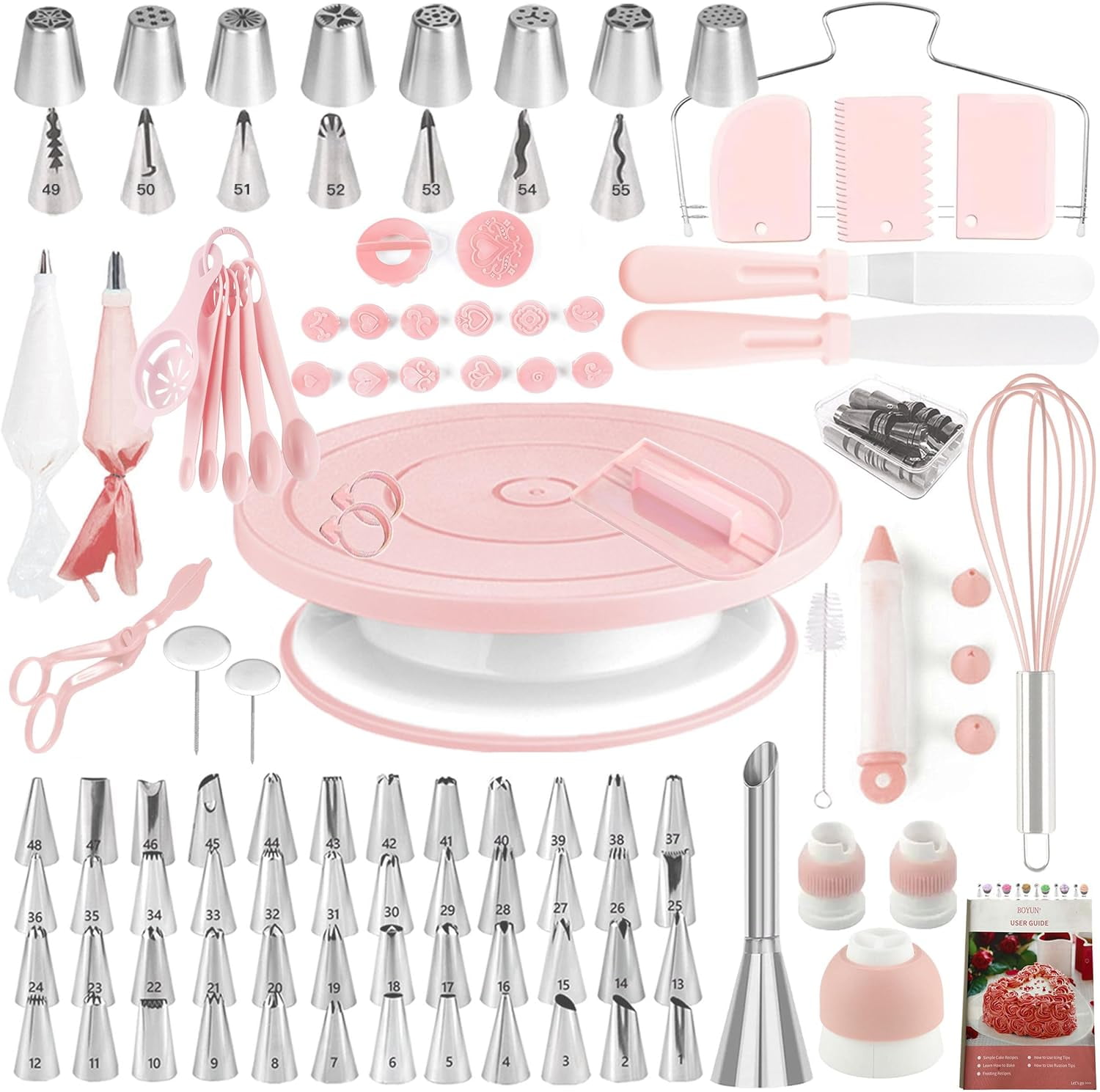 137Pcs Cake Decorating Kit with Turntable, Baking Supplies Set with Russian Piping Tips, Pastry Bags & Complete Tools for Beginners (Light Pink)