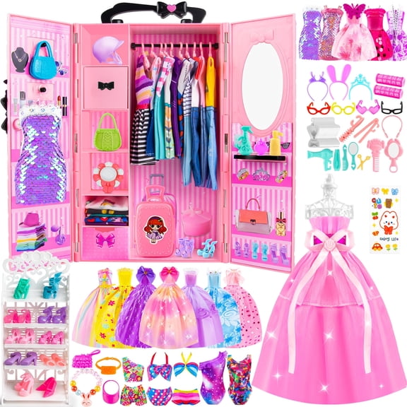 137Pcs Doll Closet for 11.5" Dolls, Clothes & Accessories, Gift for Girls Kids Toddlers