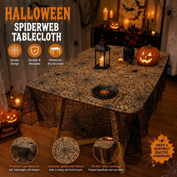 137x182cm Halloween Black Spider Web Polyester Lace Tablecloth, Waterproof Rectangular Table Cloths, Scary Pumpkin Ghost Printed Tables Cover, for Dinner Kitchen Wedding Party