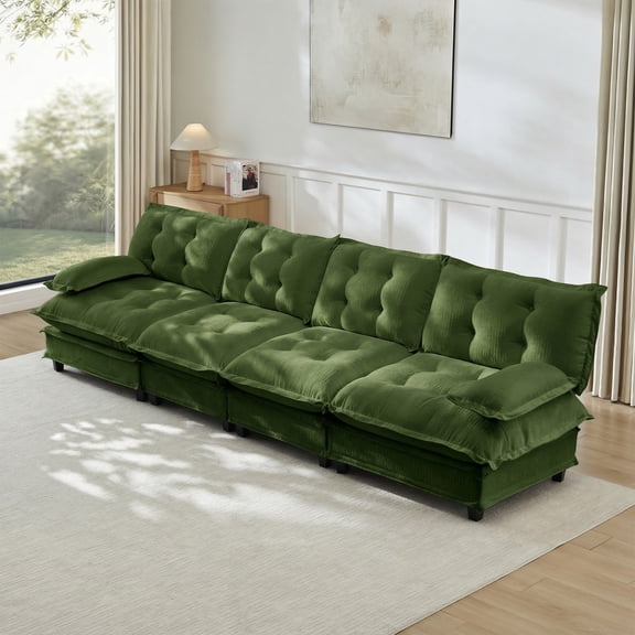 138" 4-Seater Cloud Sofa, Modular Sectional Couch, Modern Deep Seat Sofa for Living Room, Comfy Lattice Decored Seat Cushion, Breathable Chenille Fabric (Green)