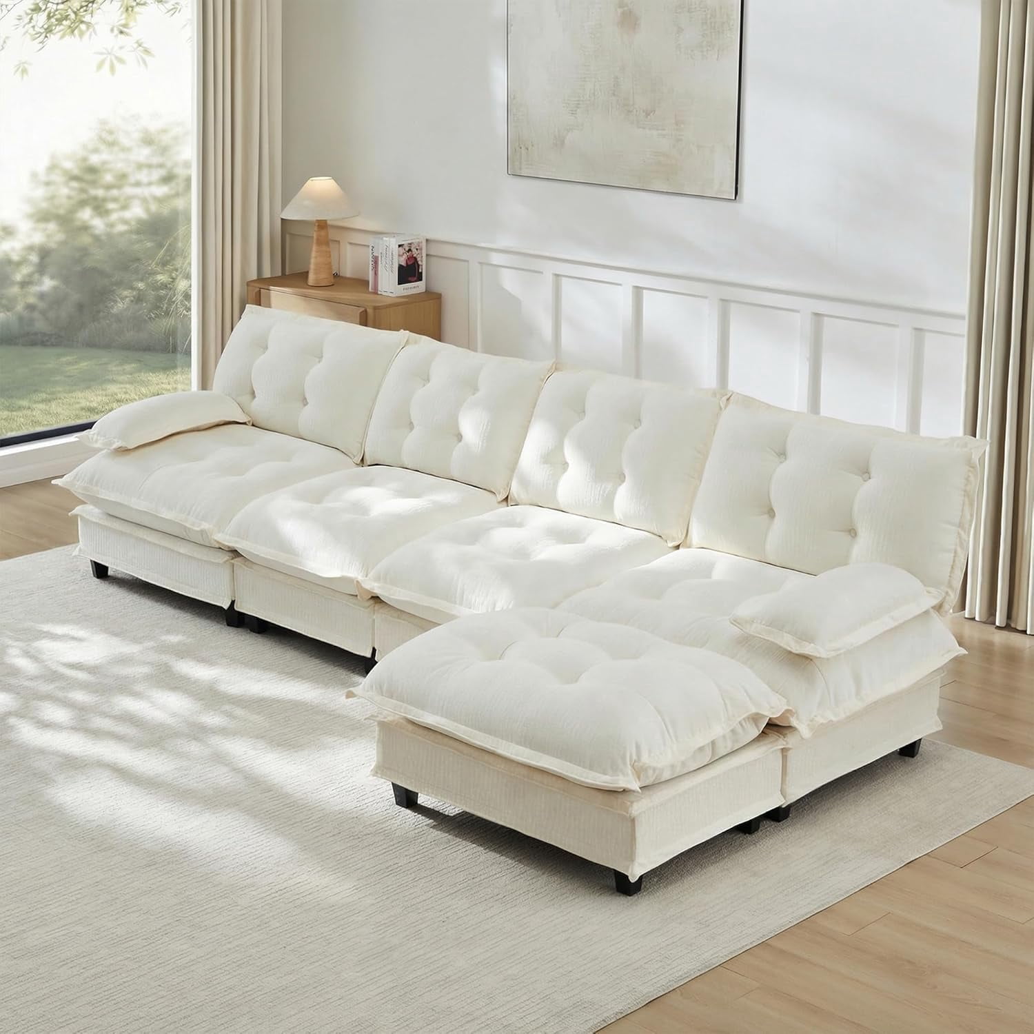 138.5'' Modular Sectional Sofa, Chenille 4-Seater Couches with Ottoman, Modern L Shaped Couch, Cloud Living Room Sofa Set, Comfy Chaise Lounge, Pillow Arms, for Apartment, Offices, Beige