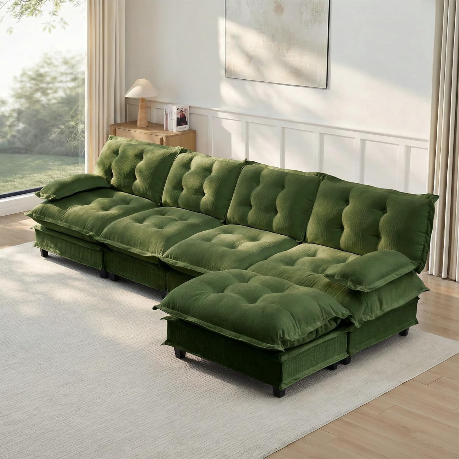 138.5'' Modular Sectional Sofa, Chenille 4-Seater Couches with Ottoman, Modern L Shaped Couch, Cloud Living Room Sofa Set, Comfy Chaise Lounge, Pillow Arms, for Apartment, Offices, Green