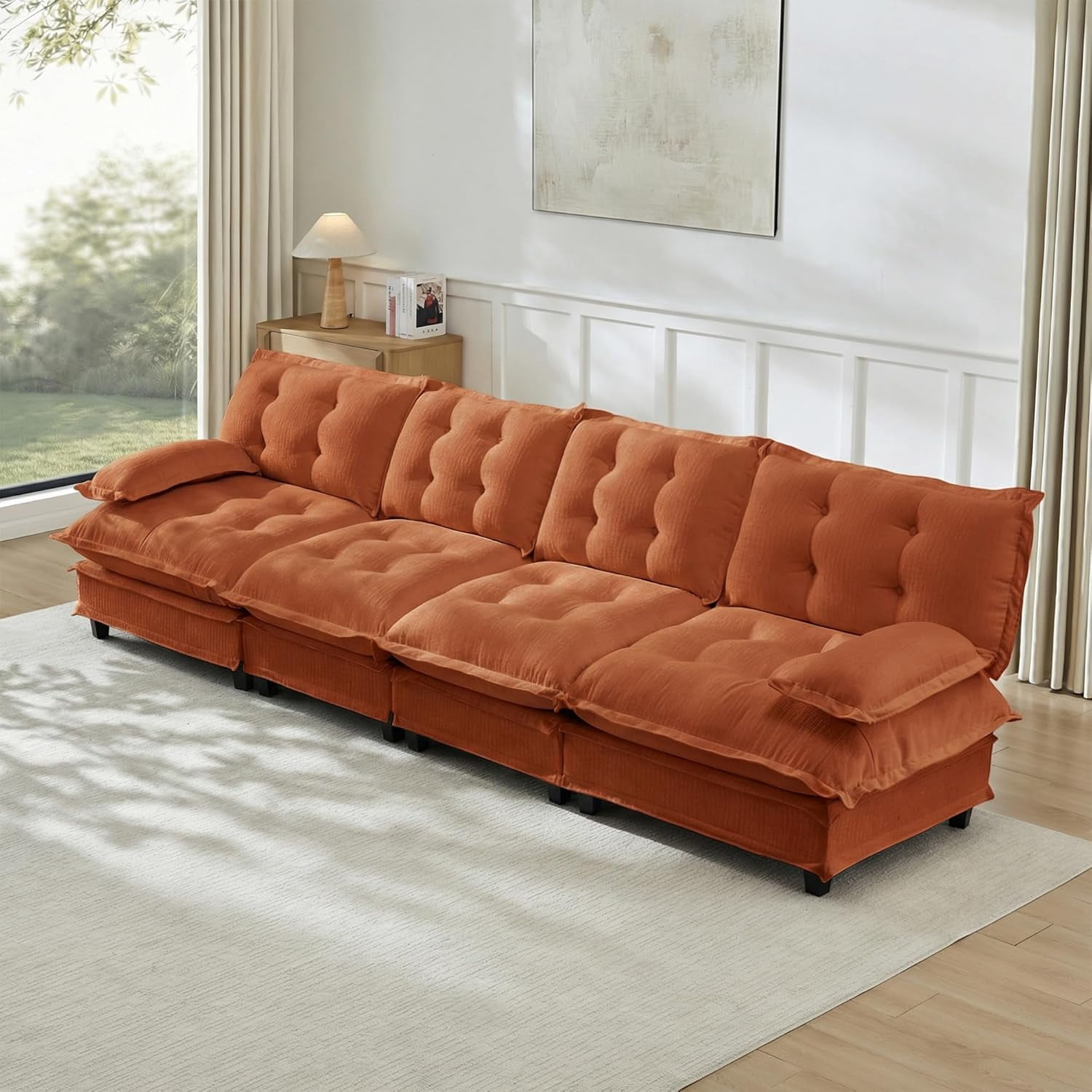 138.5'' Modular Sectional Sofa, Chenille 4-Seater Sofas, Comfy Cloud Couches for Living Room, Modern Tufted Back Couch, Pillow Arms, for Small Spaces, Apartment, Offices, Red Brown