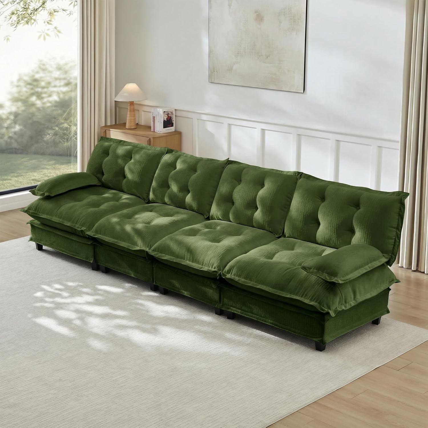138.5'' Modular Sectional Sofa, Chenille 4-Seater Sofas, Comfy Cloud Couches for Living Room, Modern Tufted Back Couch, Pillow Arms, for Small Spaces, Apartment, Offices, Green