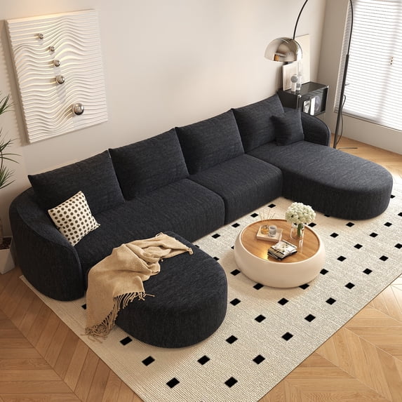 138.6" U Shaped Modern Modular Sectional Curved Sofa with Ottoman, Minimalist Style Comfy Cloud Couch for Living Room Apartment, No Assembly Required Boneless Couches (Black,Right Facing Chaise)