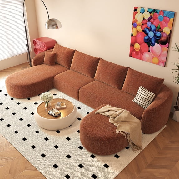 138.6" U Shaped Modern Modular Sectional Curved Sofa with Ottoman, Minimalist Style Comfy Cloud Couch for Living Room Apartment, No Assembly Required Boneless Couches (Orange,Left Facing Chaise)