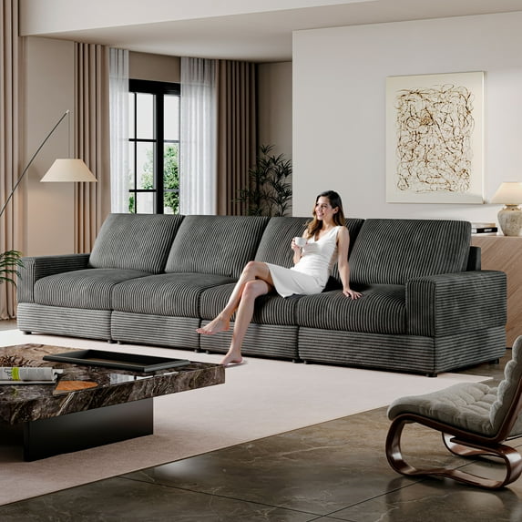 138'' Black Corduroy Sectional Sofa, 4 Seater Modern Modular Oversized Upholstered Couch with Comfy Pillows Deep Seat And Square Arm For Living Room Bedroom Apartment Office (Black, 4 Seater)