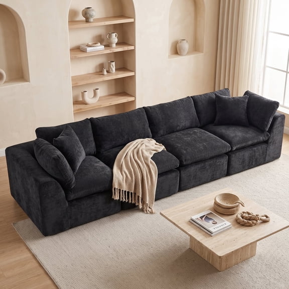138'' Chenille Modular Sectional Sofa, 4 Seater Modern Boneless Cloud Couch, No Assembly Required, Black