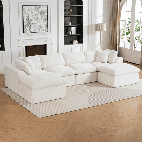 138'' Chenille Sectional Sofa with 2 Ottomans, 4 Seater U-Shape Modern Boneless Cloud Couch for Living Room, No Assembly Required, Beige
