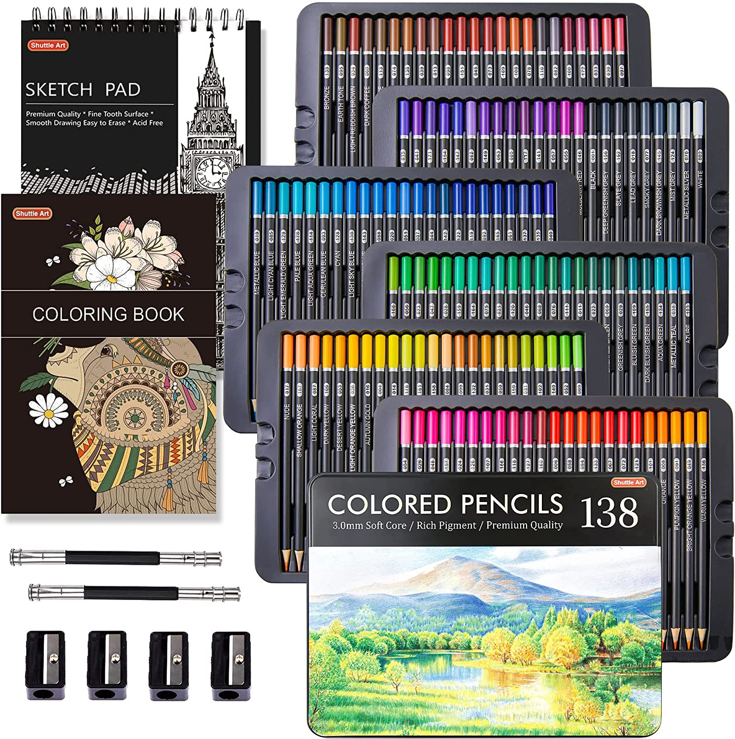 Pencils　Professional　Art　138　Coloring　Book,1　Colored　for　Set　Shuttle　with　Sketch　Soft　Core　Colors　Pencils,　Extender,　Pad,　Adults　Sharpener,　Coloring　Artists　Kids　Coloring　Pencil