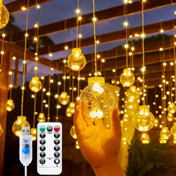 138-Inch USB Fairy Lights with Remote Control | 8 Lighting Modes, 108 LED Bulbs & 12 Decorative Balls | Holiday String Lights for Christmas, Halloween, Valentine's Day | Indoor Decor for Bedroom,