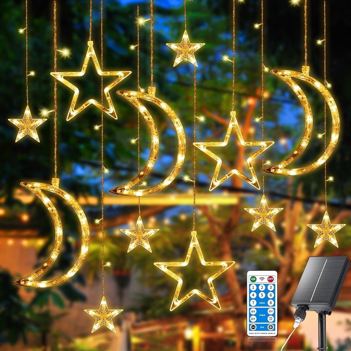 Solar Moon Star String Lights, Solar Curtain Lights with 8 Mode and Remote Control for Patio Porch Backyard, Warm White