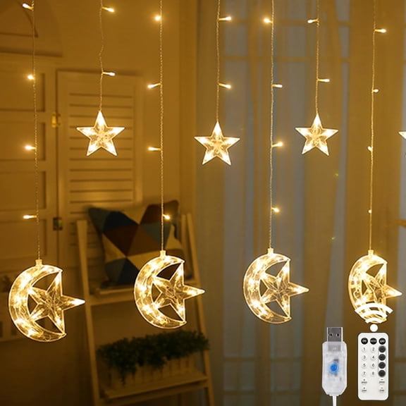 138 LED Star Moon Curtain Decorative Lights, Window Curtain Fairy String Lights, Remote Control & USB Plug, 8 Lighting Modes for Home Holiday Ramadan Christmas Wedding Party, Warm White