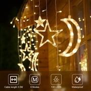 138 LED Star Moon Curtain Fairy String Light Christmas Wedding Party Decorative Lamp with 8 Flashing Modes, Warm White