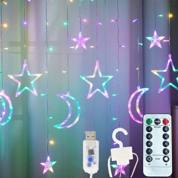 138 LED Star and Moon Curtain Lights, Multicolor Window String Lights with Remote & Hooks, 7.4ft USB Fairy Lights for Kids Bedroom, Birthday Party, Christmas, and Holiday Decor
