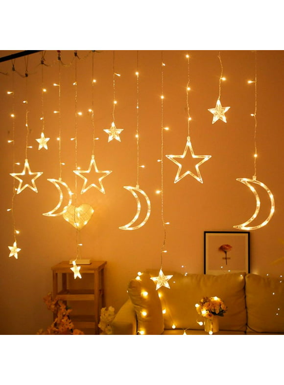 Hibibud 138 LED Star Moon Curtain String Lights, Window Curtain USB Powered Lights with Remote Control, 8 Modes Decorations for Ramadan, Christmas, Wedding, Party, Home, Patio Lawn