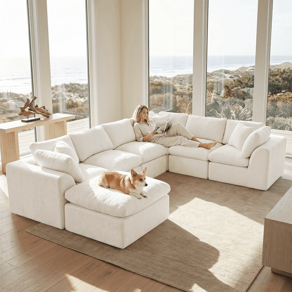 138" Oversized Modular Sectional Sofa, 7 Seater U Shaped Chenille Upholstered Couches, Cloud Couch with Deep Seat for Living Room, No Assembly Required, Beige