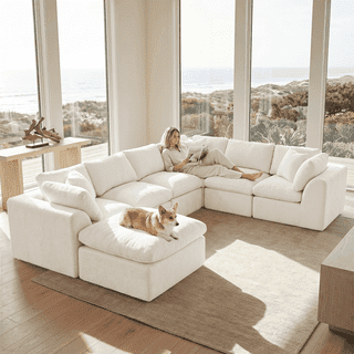 138" Oversized Modular Sectional Sofa, 7 Seater U Shaped Chenille Cloud Couch for Living Room, No Assembly Required, Beige